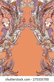 Vector decorative floral background, illustration with gorgeous ornamental frame. Pattern with unique flowers, birds and fabulous creatures. Can be used as greeting card, invitations, postcard.