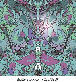 Vector decorative floral background, illustration with gorgeous ornamental frame. Pattern with unique flowers, birds and fabulous creatures. Can be used as greeting card, invitations, postcard.

