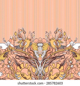 Vector decorative floral background, illustration with gorgeous ornamental frame. Pattern with unique flowers, birds and fabulous creatures. Can be used as greeting card, invitations, postcard.

