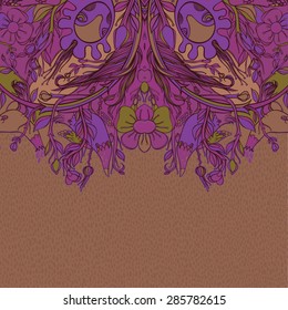 Vector decorative floral background, illustration with gorgeous ornamental frame. Pattern with unique flowers, birds and fabulous creatures. Can be used as greeting card, invitations, postcard.


