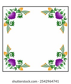 Vector decorative floral corner border design with bright purple flowers and green leaves. Perfect for invitations, greeting cards or decorative backgrounds, adding a touch of elegance and creativity.