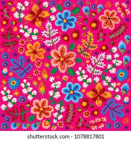 Vector decorative floral embroidery pattern, ornament for textile or interior decor. Bohemian handmade style background design.