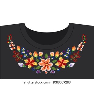 Vector decorative floral embroidery pattern, ornament for t shirt neck decor. Bohemian handmade style background design.