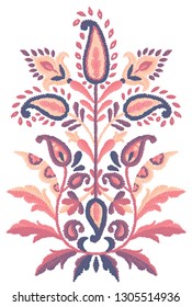 Vector decorative floral embroidery pattern, ornament for clothing or accessories decor. Bohemian handmade style decoration design. Turkish butha flower element.