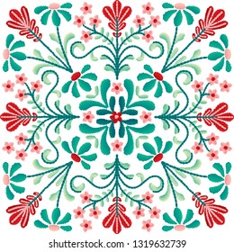 Vector decorative floral embroidery pattern, ornament for textile, kerchief, pillow or handbag decor. Bohemian handmade style background design.