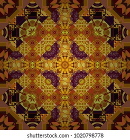 Vector decorative floral embroidery seamless pattern, ornament for textile, kerchief, pillow or handbag decor. Bohemian style background in brown, orange and yellow colors.