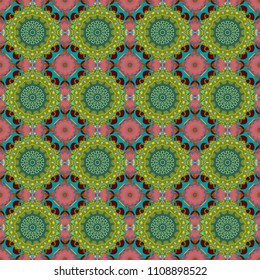 Vector decorative floral embroidery seamless pattern, ornament for textile, kerchief, pillow or handbag decor. Bohemian style background in green, blue and red colors.