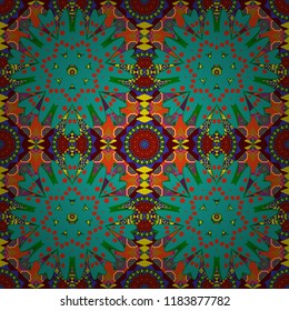 Vector decorative floral embroidery seamless pattern, ornament for textile, kerchief, pillow or handbag decor. Bohemian style background in green, blue and red colors.