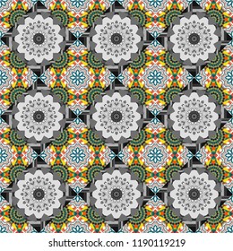Vector decorative floral embroidery seamless pattern, ornament for textile, kerchief, pillow or handbag decor. Bohemian style background in blue, orange and gray colors.