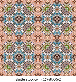 Vector decorative floral embroidery seamless pattern, ornament for textile, kerchief, pillow or handbag decor. Bohemian style background in pink, gray and beige colors.