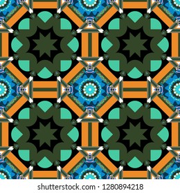 Vector decorative floral embroidery seamless pattern, ornament for textile, kerchief, pillow or handbag decor. Bohemian style background in orange, green and black colors.