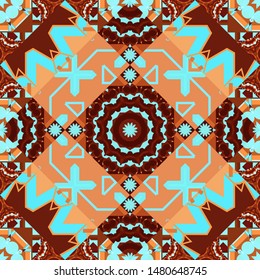 Vector decorative floral embroidery seamless pattern, ornament for textile, kerchief, pillow or handbag decor. Bohemian style background in magenta, red and blue colors.