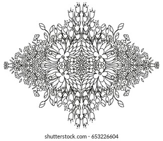 vector decorative floral frame. Vintage banner with black flowers isolated on white background. Wedding or greeting card. Coloring page for adults