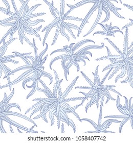 Vector decorative floral seamless pattern. Tropical foliage. Fantasy stylized blue aloe branches and leaves silhouette on a white background Indigo dark contour thin line. T-shirt print. Batik paint