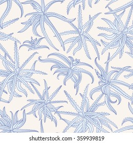 Vector decorative floral seamless pattern. Tropical foliage. Fantasy stylized blue aloe branches and leaves silhouette on a light beige background Indigo dark contour thin line. Batik painting
