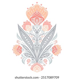 Vector decorative flourish floral illustration in delicate colors isolated from background. Folk art ornamental clip art with pink flowers and foliage for stickers, bookmarks and postcards