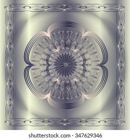 Vector decorative  flower on shiny silver background  with ornamental frame