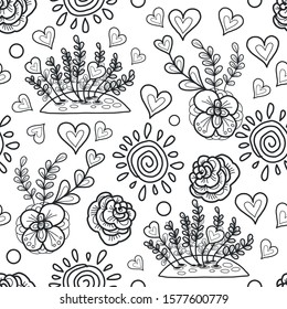 Vector decorative flowerbed, sun, hearts and simple flowers seamless pattern. Elements for your designs, wrapping paper and wall paper decoration. Outlined black and white concept.