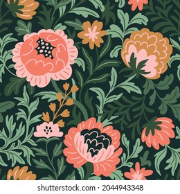 Vector decorative flowers seamless pattern in hand-drawn style. Vintage floral repeat texture for fabric, wallpaper or wrapping paper. Natural beautiful print design.