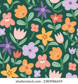 Vector decorative flowers seamless pattern design for fabric, wallpaper or wrapping paper. Cute flowers on dark green background. Floral repeated print.