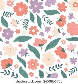Vector decorative flowers seamless pattern design for fabric, wallpaper or wrapping paper. Floral repeated print on white background.