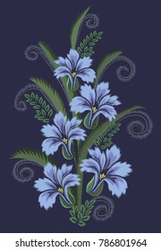 Vector decorative flowers. Vertical bouquet from the sharp edges of the jagged or zigzag embroidery. Floral pattern