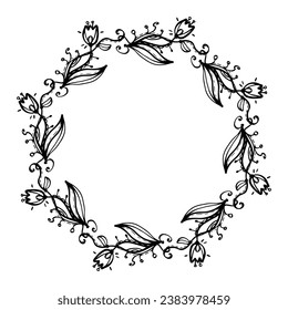 Vector decorative flowers in wreath, black lines doodle. St Valentine's Day greeting card, invitation, coaster design.