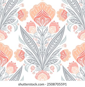 Vector decorative folk art pattern in delicate colors on white background. Tracery floral symmetrical seamless texture with pink poppies and foliage bouquets for wallpaper, fabric