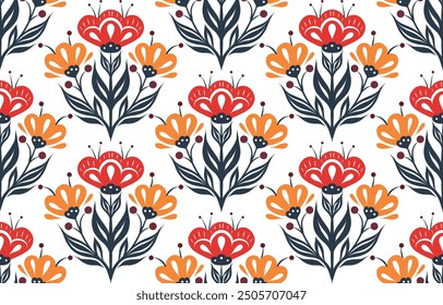 Vector decorative folk art seamless pattern. Geometric surface design with flowers and ornate floral ornament on white background for fabrics and wallpapers.