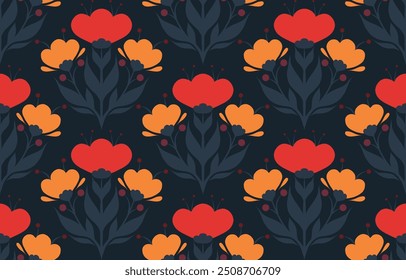 Vector decorative folk art seamless pattern. Simple floral ornament. Geometric surface design with silhouettes of flowers and leaves on dark background for fabrics and wallpapers.