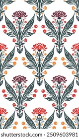 Vector decorative folk art seamless pattern with filigree floral bouquets. Geometric surface design with flowers and ornate floral ornament in row on white background for fabrics and wallpapers.