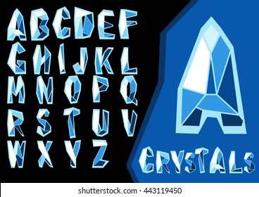 Vector decorative font. Glittering blue letters, look like ice or crystal. Can be used for advertisement, games, or mobile apps.