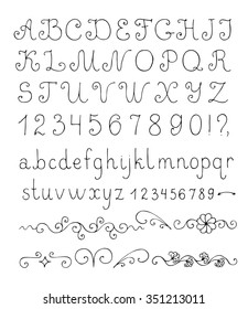 Vector decorative font. Hand drawn letters, numbers and floral design elements.