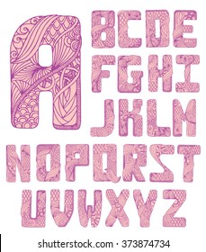 Vector decorative font. Hand drawn Lettering ornament Font. Set Latin alphabet of vintage outline letters. (individual objects). Alphabet letters in caps. The ABC in the art-nouveau typeface.