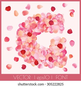 Vector decorative font with realistic rose petals text effect. Letter G