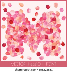 Vector decorative font with realistic rose petals text effect. Letter M