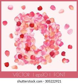 Vector decorative font with realistic rose petals text effect. Letter D