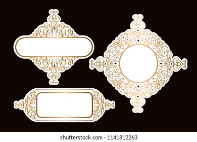 Vector decorative frame art. Gold and white vintage pattern On a black background For design templates Elegant element for design in oriental style, place for text. Lace Illustration Invitations