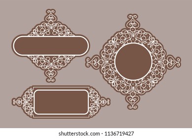 Vector decorative frame art. Vintage pattern, brown frame on light brown background. For design templates Elegant element for design in oriental style, place for text. Lace Illustration Invitations