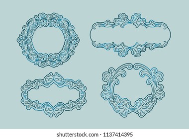 Vector decorative frame art. Vintage pattern green frame on light green background. For design templates Elegant element for design in oriental style, place for text. Lace Illustration Invitations