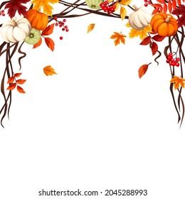 Vector decorative frame background with pumpkins, orange and brown autumn leaves, rowanberries, and willow branches. Halloween or Thanksgiving greeting card.
