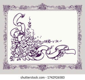 Vector decorative frame. Beautiful flowers elements for postcard. Hand drawing elegance floral design in vintage style for print and scrapbook