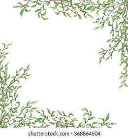 Vector decorative frame with branches, leaves. Hand drawn illustration