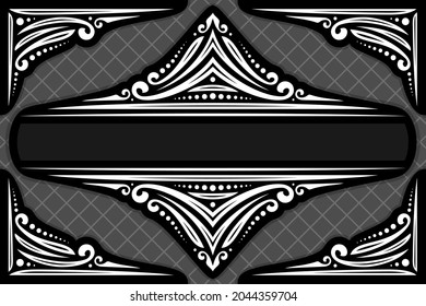 Vector decorative Frame with copy space, ornate decoration with flourishes for monochrome tragic invitation, filigree dividers with curls and dots, border with sophisticated design elements on dark.