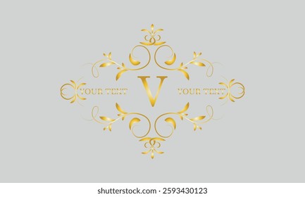 Vector decorative frame. Elegant element for design template, place for text and letter V. Floral logo, emblem, business sign.