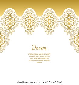 Vector decorative frame. Elegant gold element for design template, place for text. Floral border. Lace decor for birthday and greeting card, wedding invitation.