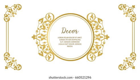 Vector decorative frame. Elegant gold element for design template, place for text.Floral border. Lace decor for birthday and greeting card, wedding invitation.