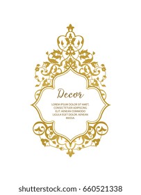 Vector decorative frame. Elegant gold element for design template, place for text.Floral border. Lace decor for birthday and greeting card, wedding invitation.