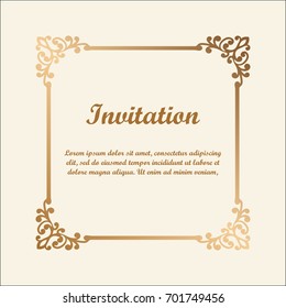 Vector decorative frame with golden gradient. Elegant element for design template with place for text. Floral border. Lace decor for birthday and greeting card, wedding invitation.
