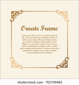 Vector decorative frame with golden gradient. Elegant element for design template with place for text. Floral border. Lace decor for birthday and greeting card, wedding invitation.